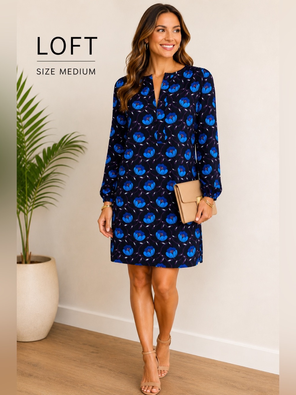 LOFT Buttercup Floral Split Neck Shirt Dress Blue Black Long Sleeve Medium